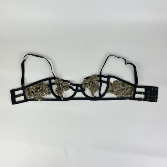 NWOT Victoria's Secret Bra 32C Unlined Balconet Strappy Banded Black Gold Floral - Picture 2 of 7
